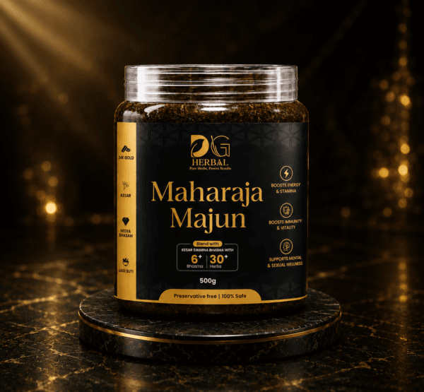 DG Herbal Maharaja Majun Ayurvedic wellness supplement container with premium black and gold packaging on a luxury dark background.