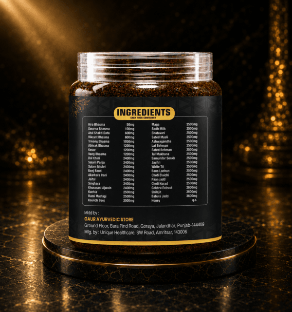Back view of DG Herbal Herbal Health Booster container displaying detailed ingredients list on premium black and gold packaging.