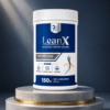 LeanX Ayurvedic weight control powder container by DG Herbal displayed on a premium platform for metabolism, weight loss, and fat burn support.