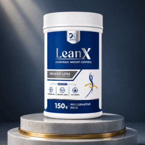 LeanX Ayurvedic weight control powder container by DG Herbal displayed on a premium platform for metabolism, weight loss, and fat burn support.