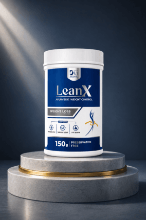 LeanX Ayurvedic weight control powder container by DG Herbal displayed on a premium platform for metabolism, weight loss, and fat burn support.