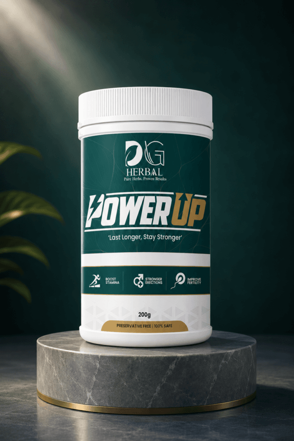 Power Up Ayurvedic wellness powder container by DG Herbal designed to support stamina, strength, endurance, and fertility naturally.