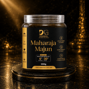 DG Herbal Maharaja Majun premium Ayurvedic herbal wellness formula jar with luxurious black and gold packaging for energy, stamina, immunity, and vitality support.