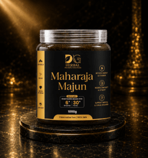 DG Herbal Maharaja Majun premium Ayurvedic herbal wellness formula jar with luxurious black and gold packaging for energy, stamina, immunity, and vitality support.