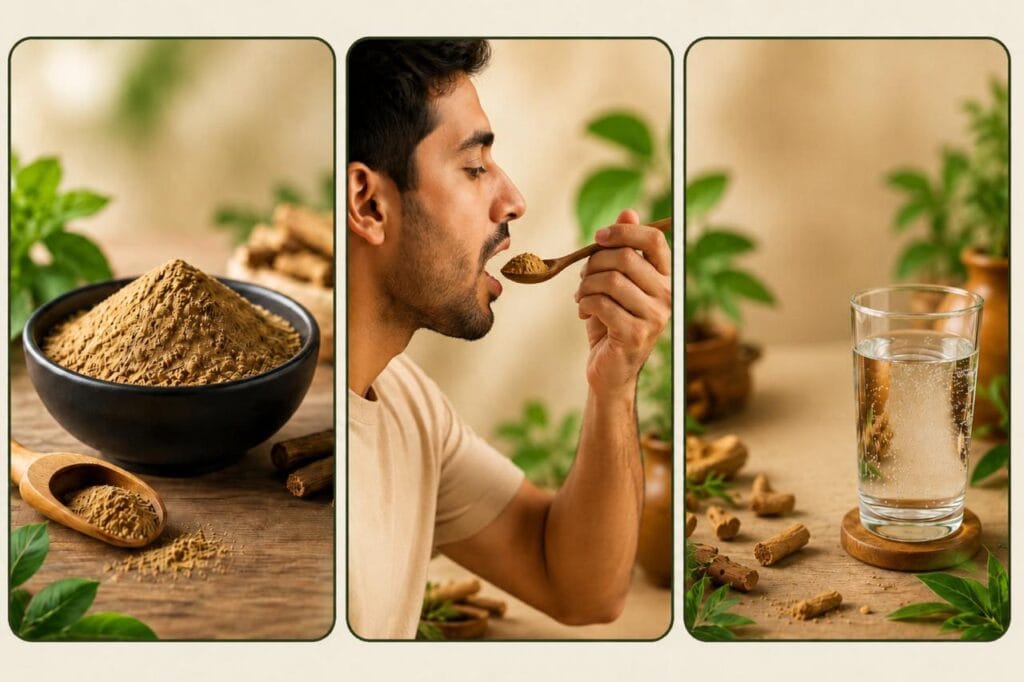 Step-by-step Ayurvedic herbal powder usage guide showing herbal powder, a person consuming the product with a spoon, and drinking water over it.