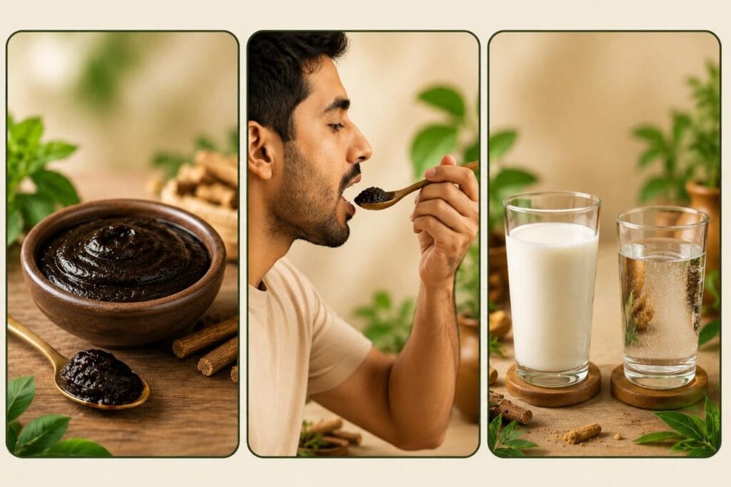 Step-by-step guide showing Maharaja Majun Ayurvedic herbal paste consumption with spoon and intake with milk or water.
