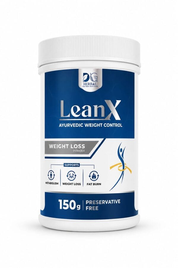 LeanX Ayurvedic weight loss powder container by DG Herbal designed for metabolism support, fat burn, and weight management.