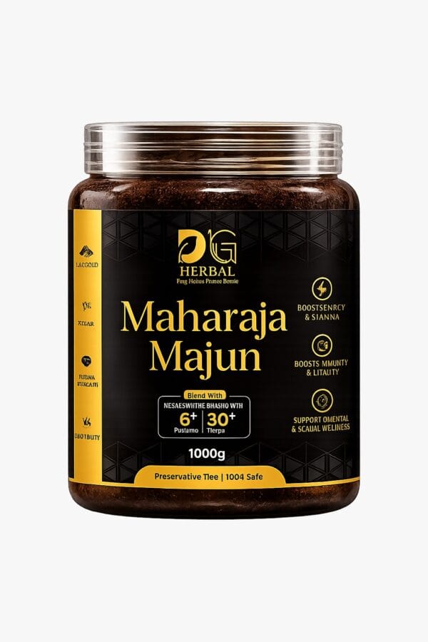 DG Herbal Maharaja Majun Ayurvedic wellness jar with black and gold packaging for energy, vitality, immunity, and stamina support.