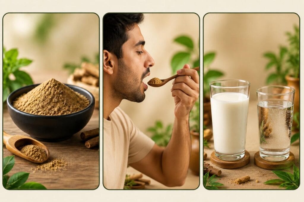 Step-by-step guide showing Ayurvedic herbal powder consumption with spoon and intake with milk or water for wellness support.