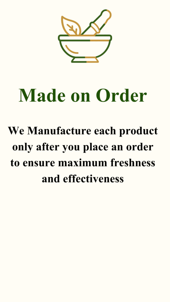Made on order illustration featuring a mortar and pestle icon symbolizing freshly prepared Ayurvedic products crafted after order placement.