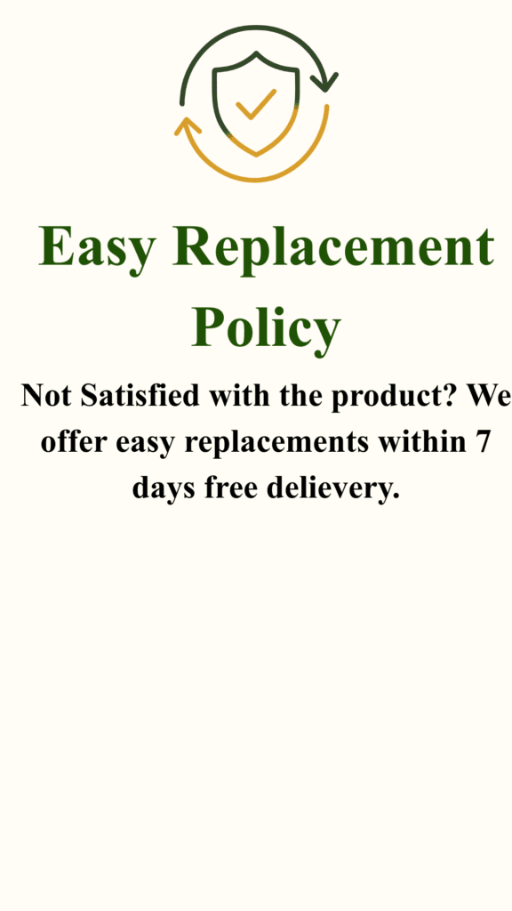 Easy replacement policy illustration featuring a shield with checkmark and circular arrows symbolizing hassle-free product replacement and customer protection.