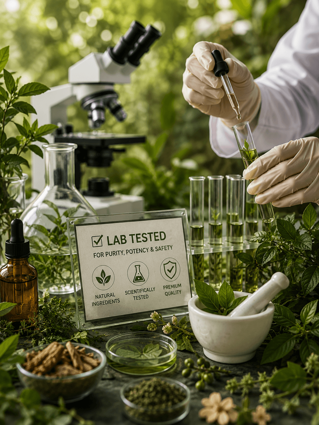 Herbal ingredients and laboratory testing setup featuring a microscope, test tubes, and Ayurvedic botanicals representing scientifically tested natural wellness products.