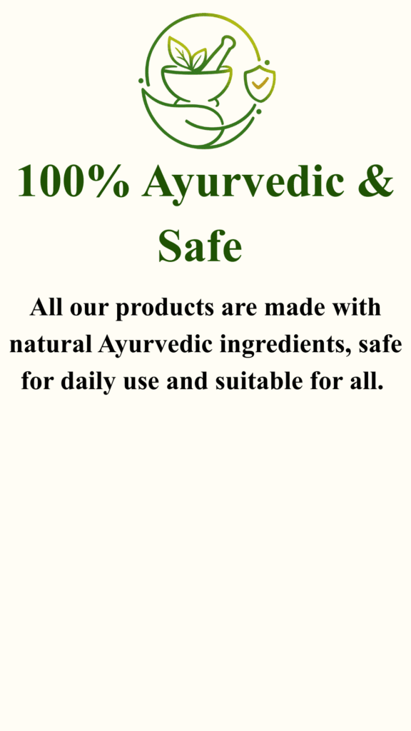 100% Ayurvedic and safe wellness illustration featuring herbal leaves, a mortar and pestle, and a protection shield symbolizing natural and safe herbal care.