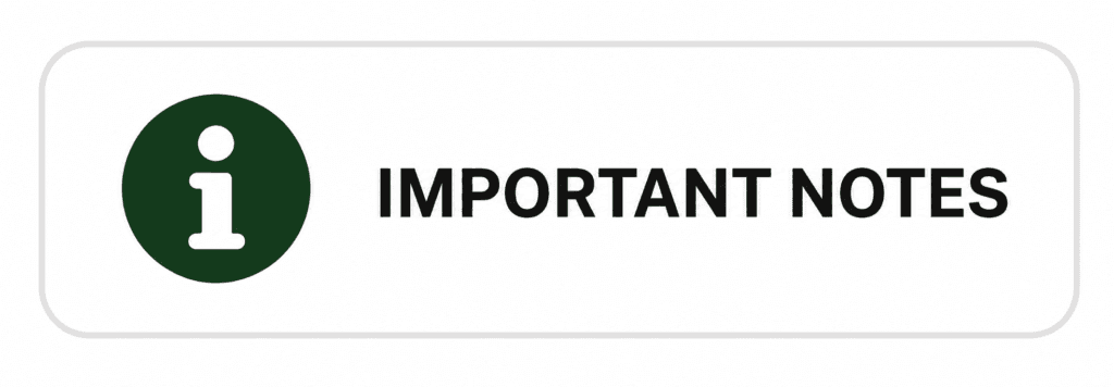 Important Notes banner featuring an information icon with bold text on a clean white background.