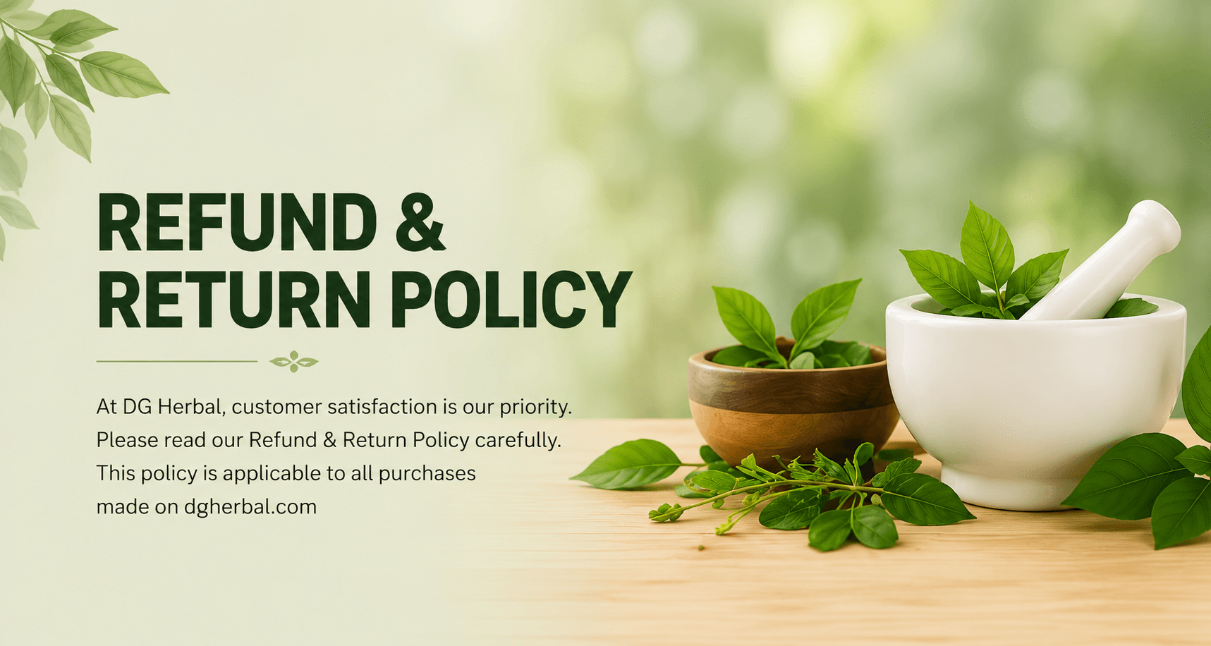 DG Herbal refund and return policy banner featuring herbal leaves, a mortar and pestle, and a natural wellness-themed background.