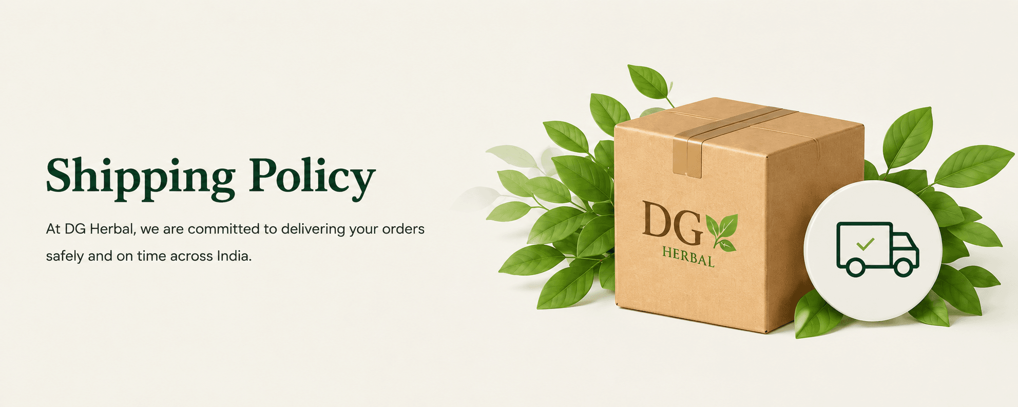 DG Herbal shipping policy banner featuring a branded delivery box, green leaves, and a delivery service icon on a clean background.