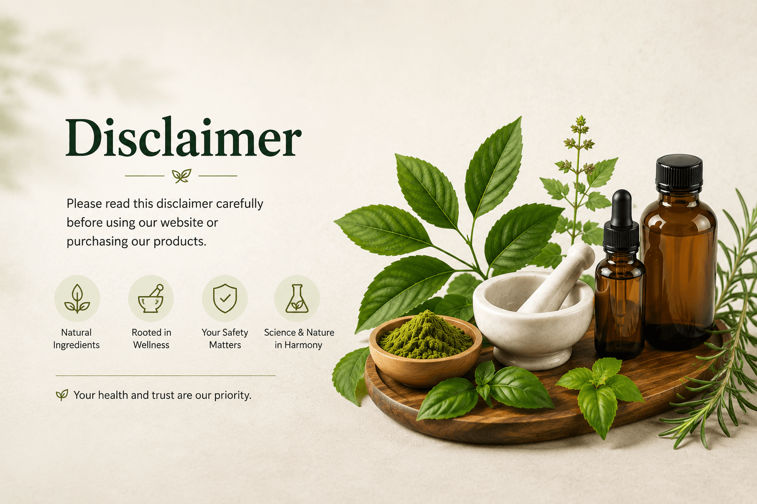 DG Herbal disclaimer banner featuring herbal bottles, fresh green leaves, a mortar and pestle, and natural wellness ingredients.