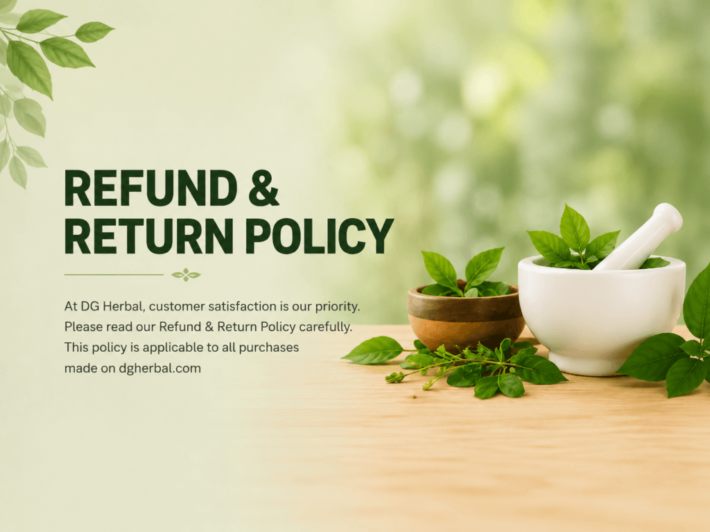 DG Herbal refund and return policy banner featuring herbal leaves, a mortar and pestle, and a natural wellness-themed background.