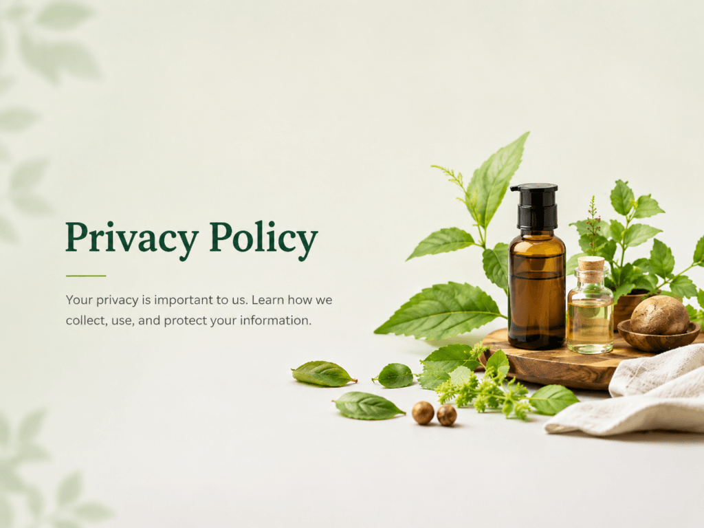 DG Herbal privacy policy banner featuring herbal oil bottles, green leaves, and natural wellness elements on a clean background.