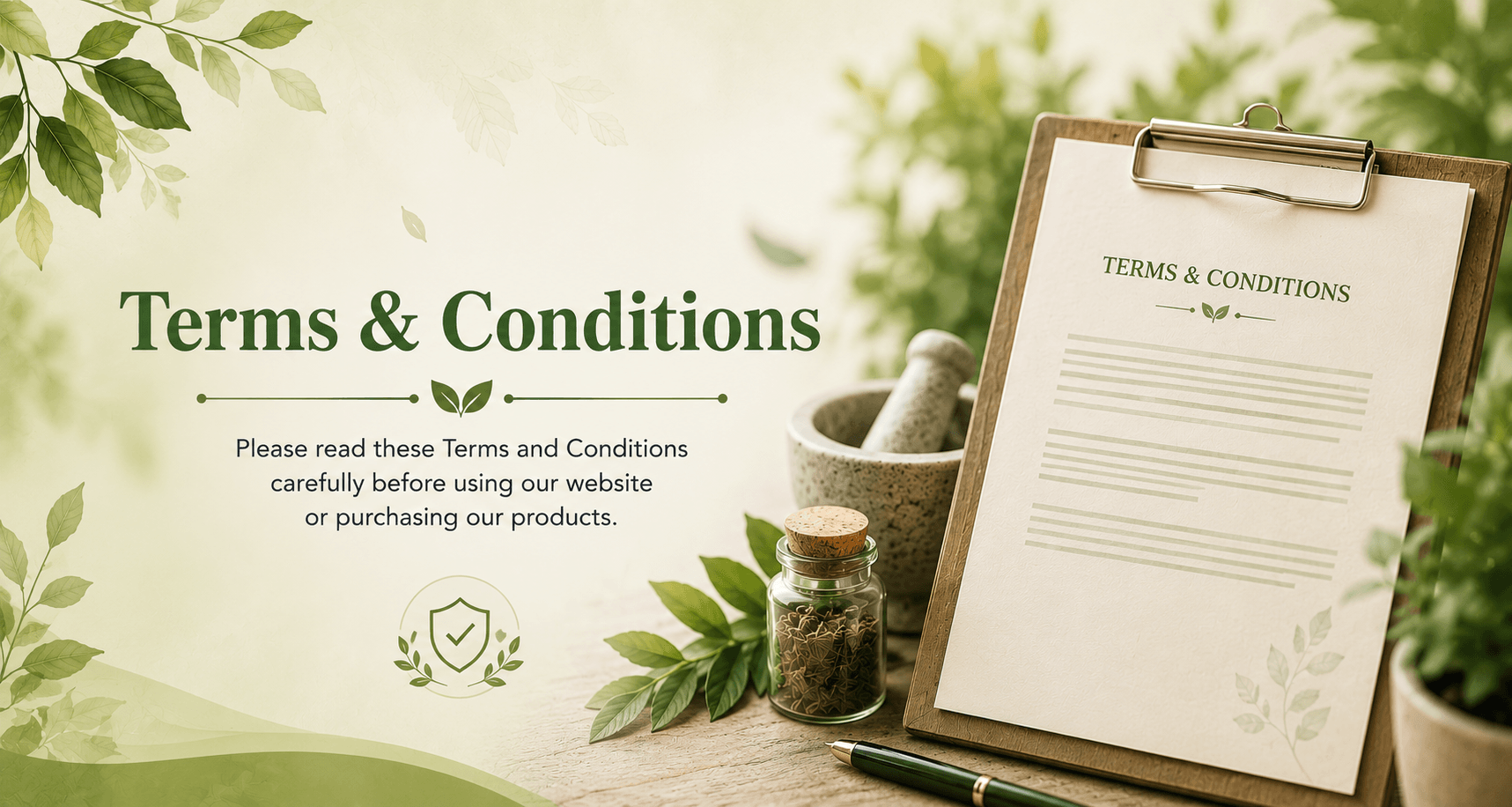 DG Herbal terms and conditions banner featuring a clipboard document, herbal elements, leaves, and natural wellness-themed design.