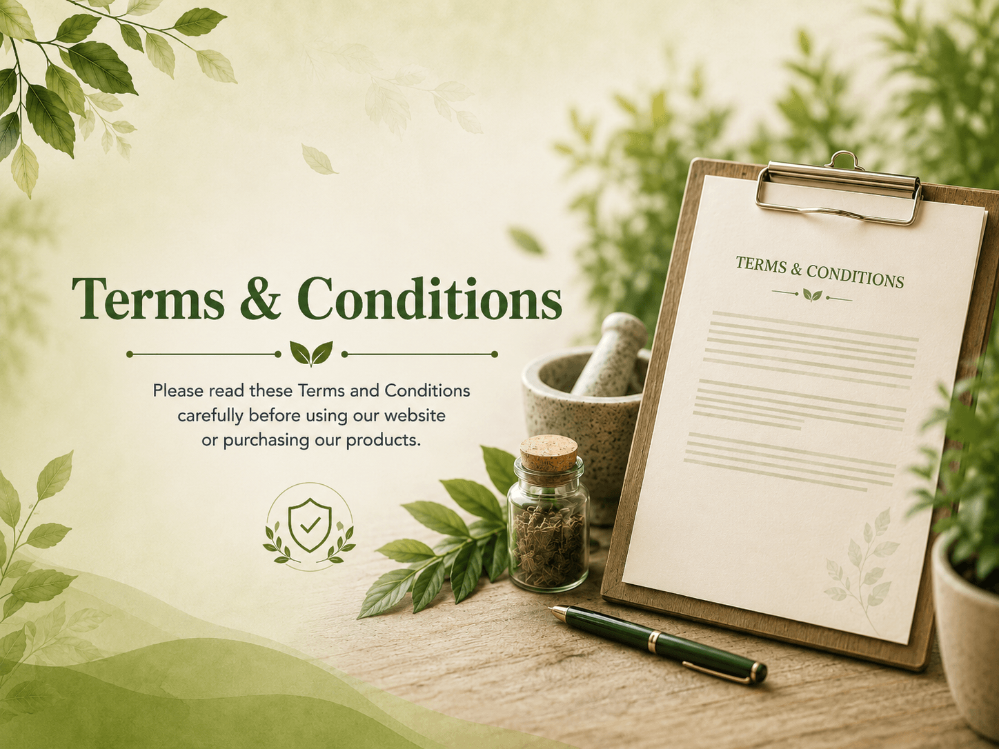 DG Herbal terms and conditions banner featuring a clipboard document, herbal elements, leaves, and natural wellness-themed design.