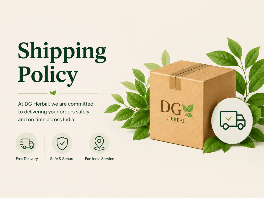 DG Herbal shipping policy banner featuring a delivery package box, green leaves, and icons representing fast delivery, secure shipping, and pan India service.
