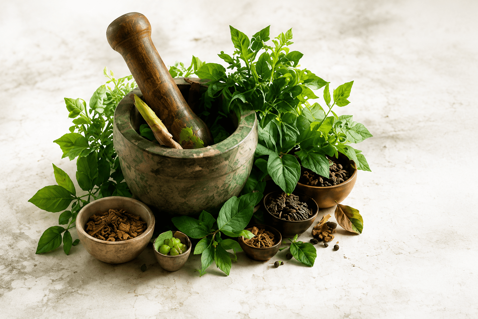 Traditional Ayurvedic herbs and medicinal plants arranged around a stone mortar and wooden pestle on a light natural background.