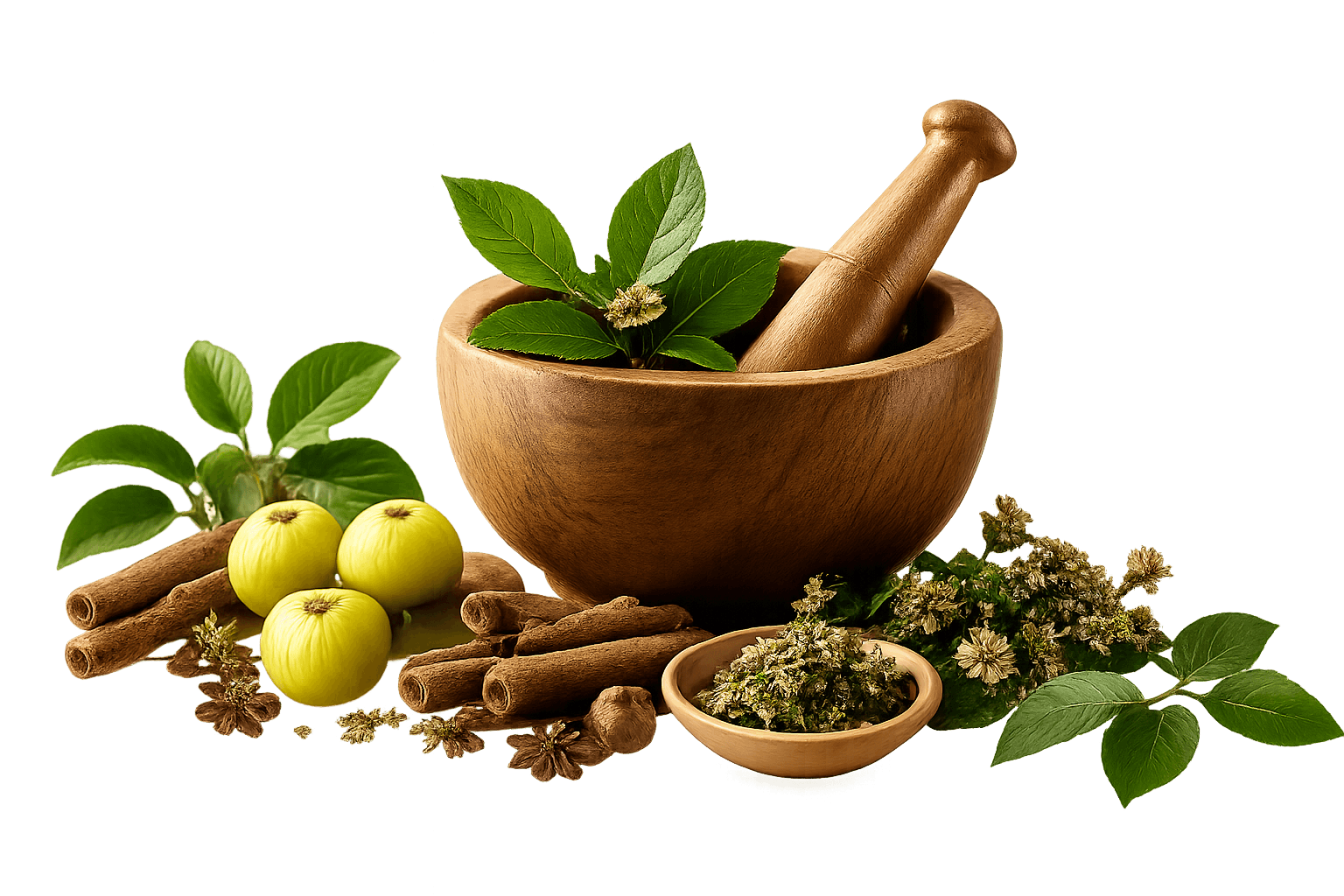 Traditional Ayurvedic herbal ingredients with wooden mortar and pestle, amla, cinnamon, medicinal herbs, and fresh green leaves on transparent background for natural wellness and herbal healing.