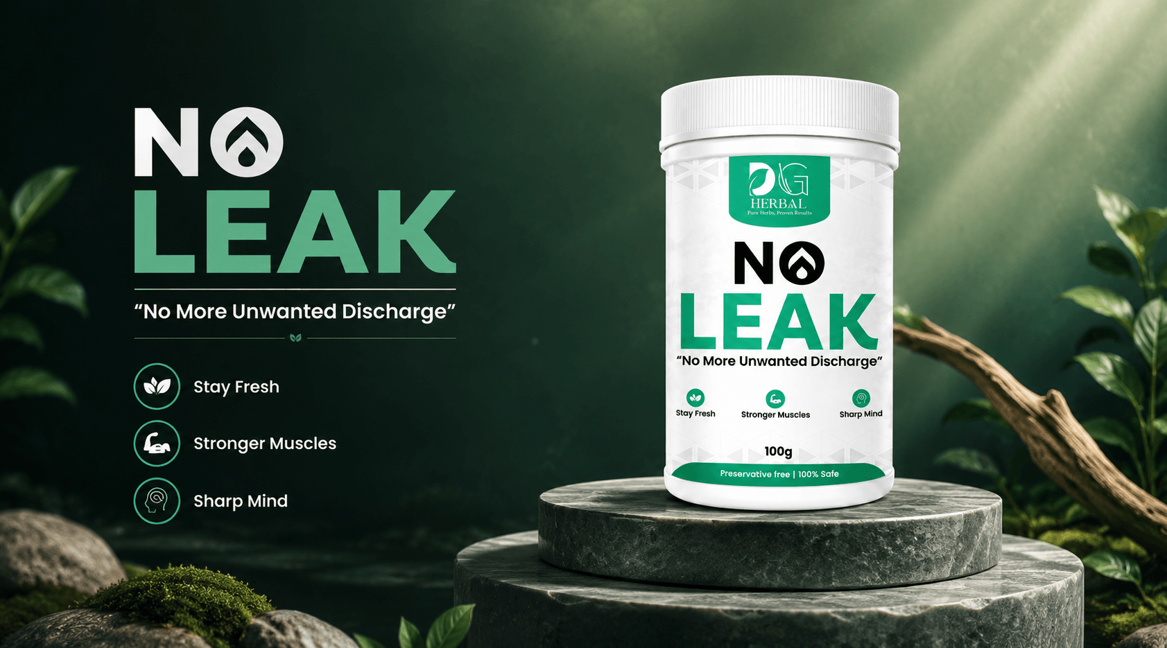 DG Herbal No Leak Ayurvedic wellness powder displayed on a premium stone platform with a natural green background promoting freshness, strength, and mental wellness.
