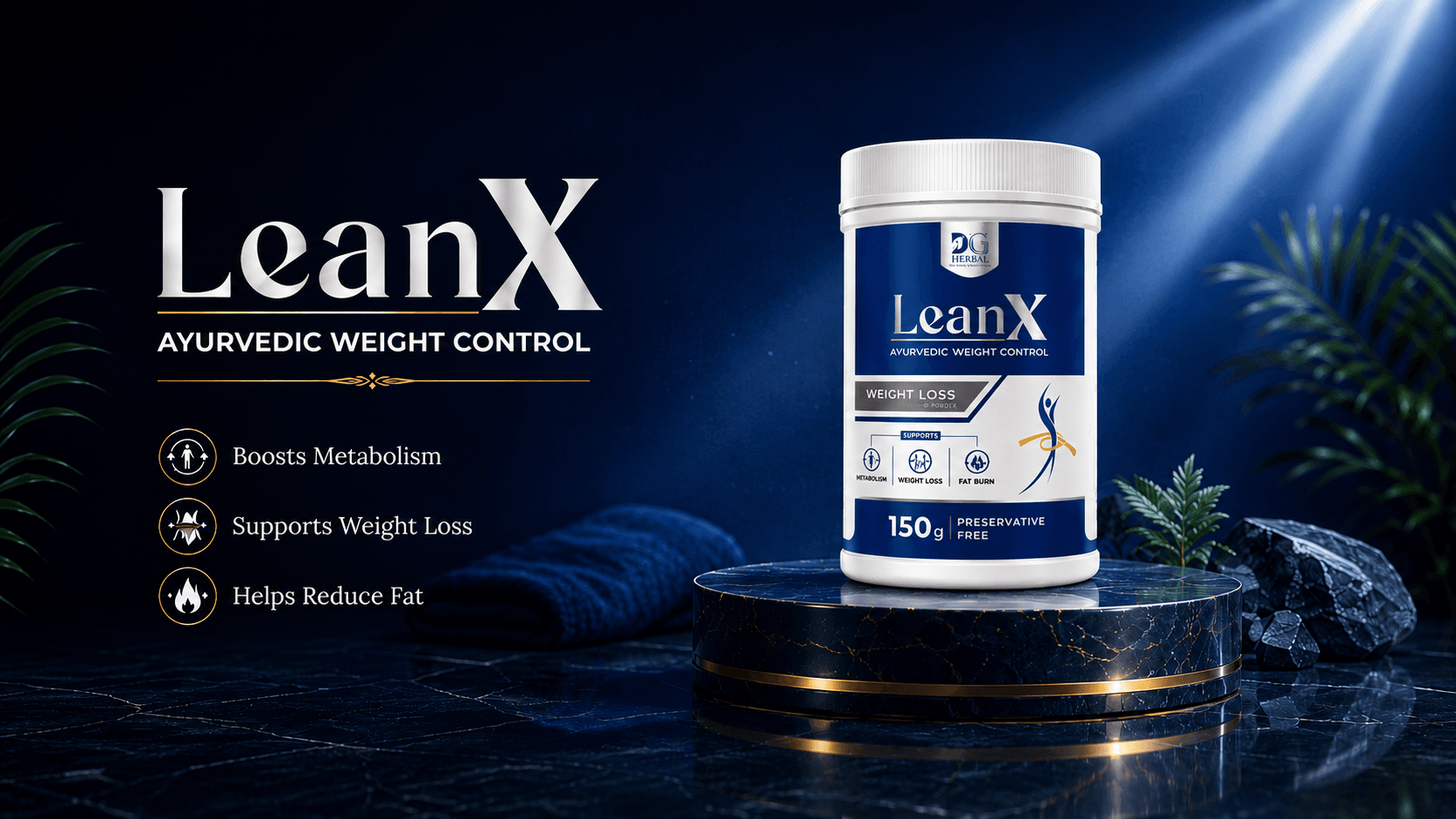 DG Herbal LeanX Ayurvedic Weight Control Powder displayed on a premium platform with a luxury blue background promoting metabolism and weight management support.