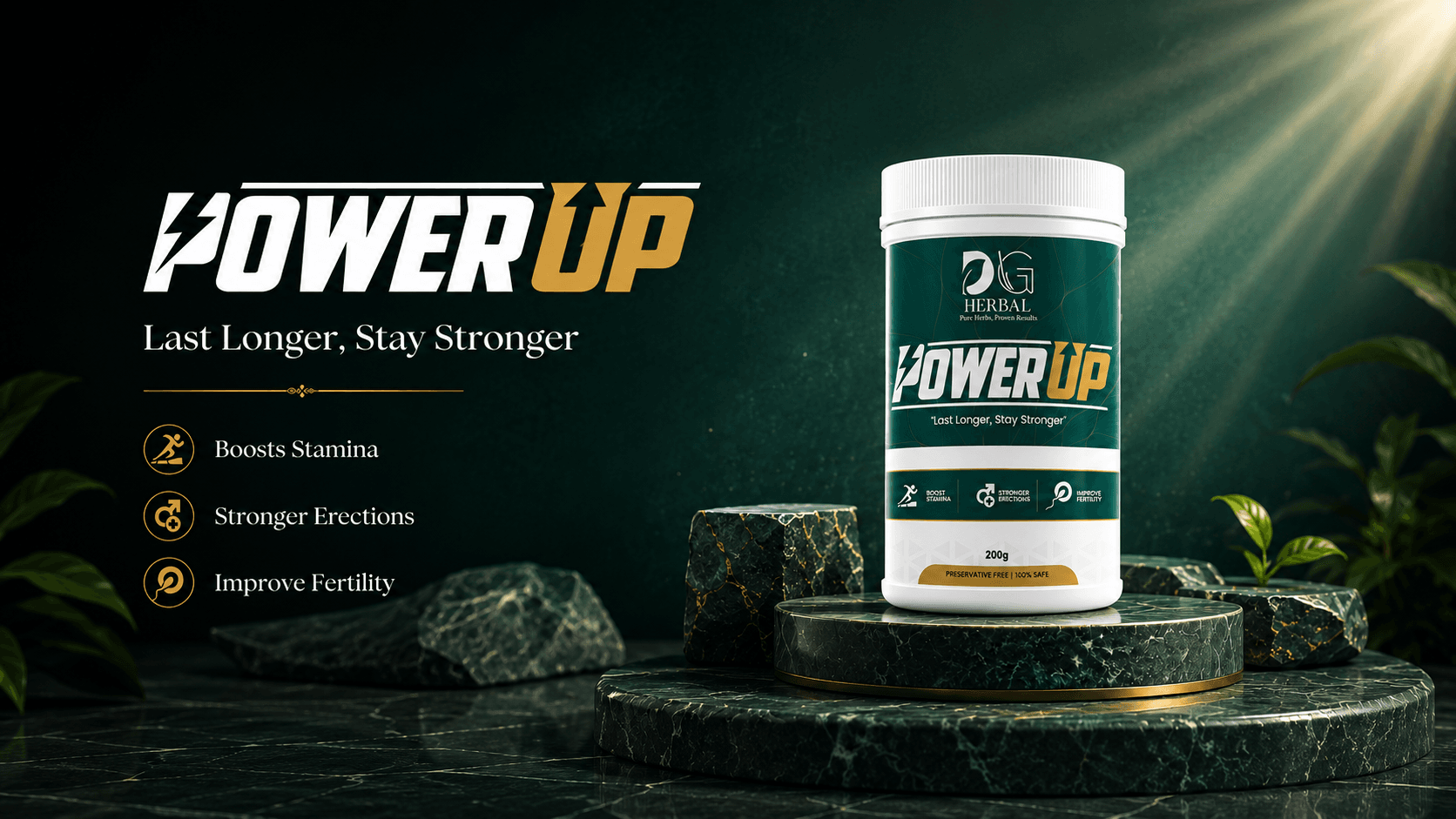 DG Herbal Power Up Ayurvedic wellness powder container displayed on a premium marble platform with a luxury dark green background promoting stamina, strength, and fertility support.