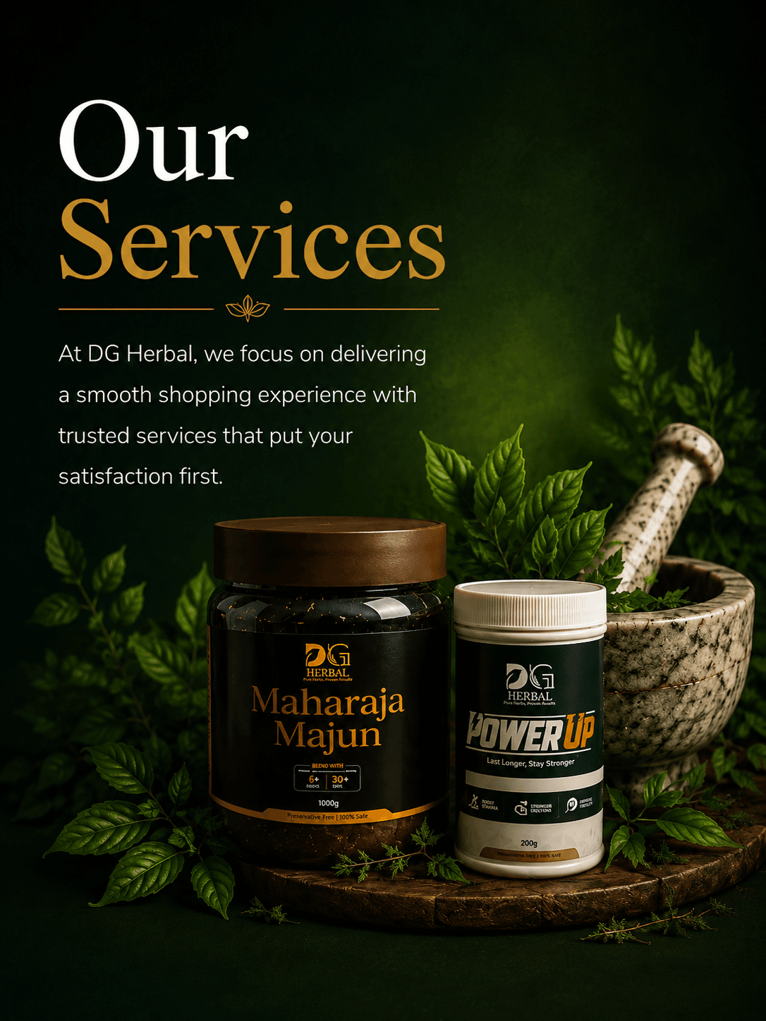Luxury Ayurvedic services banner featuring DG Herbal products, green botanical elements, and a marble mortar and pestle with elegant “Our Services” typography on a dark green background.