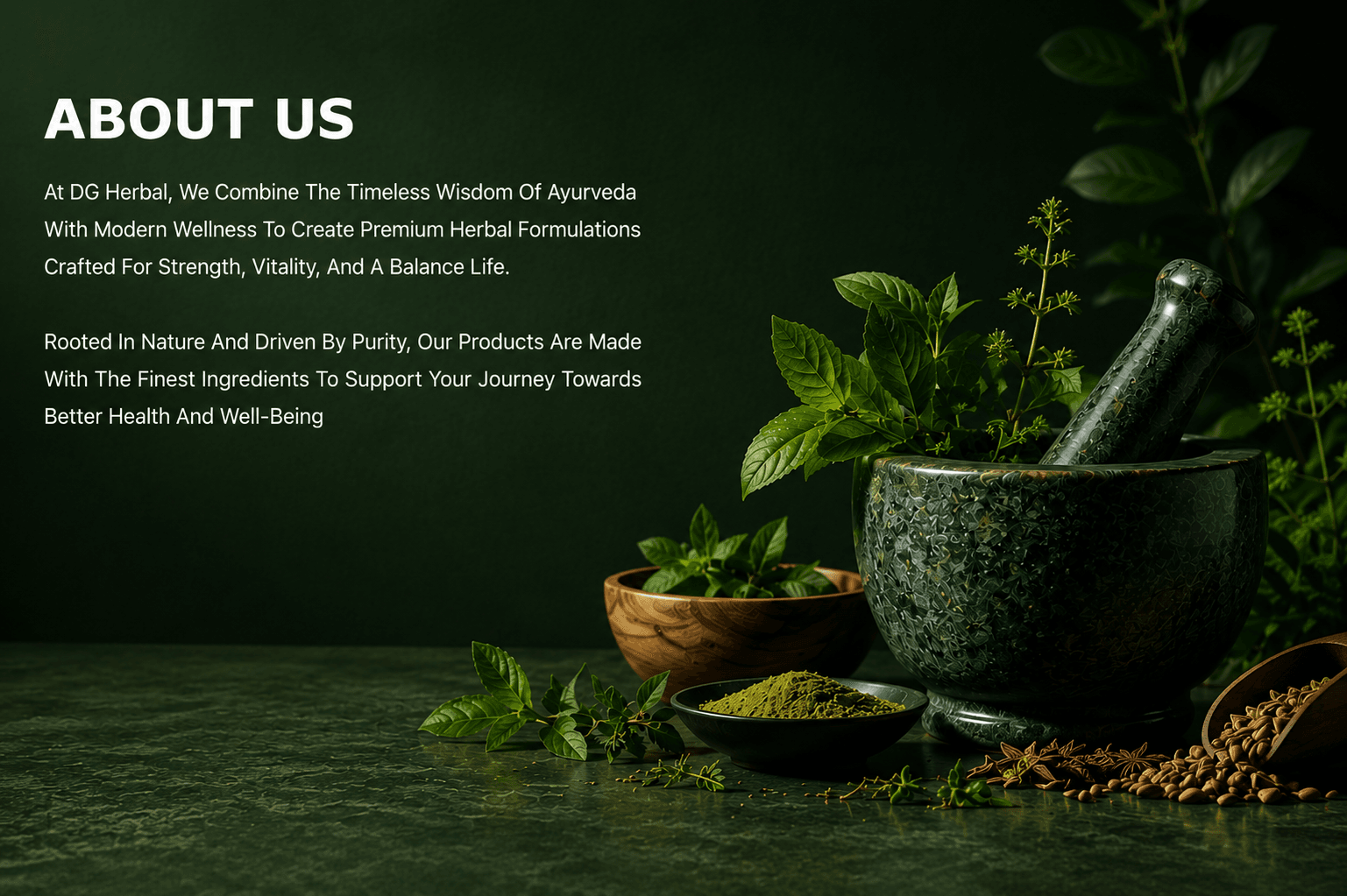 Dark green herbal About Us banner featuring Ayurvedic herbs, a mortar and pestle, and wellness-themed text for DG Herbal website.