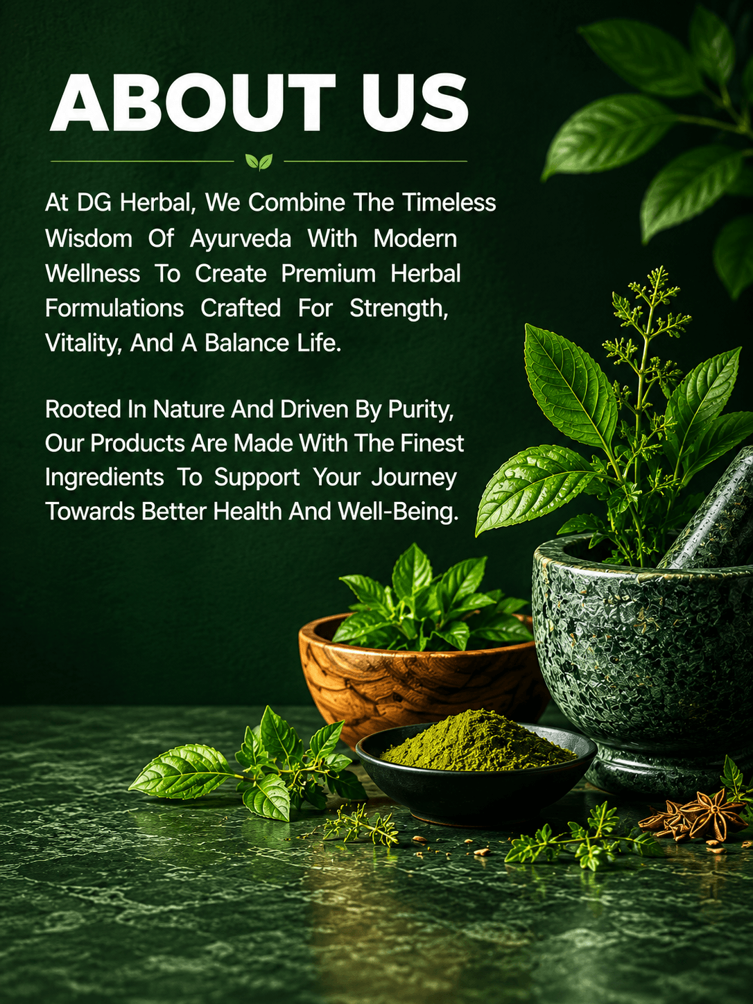 Dark green herbal About Us banner featuring Ayurvedic herbs, a mortar and pestle, and wellness-themed text for DG Herbal website.