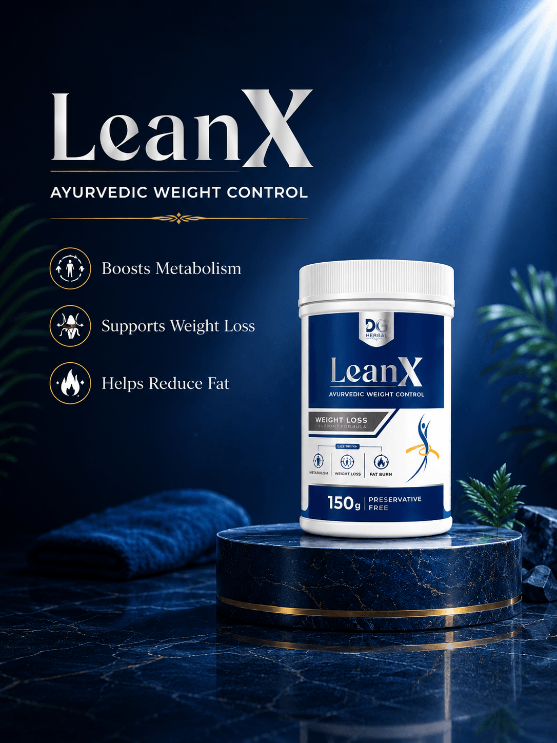 Modern LeanX Ayurvedic weight control supplement jar placed on a blue marble platform with dramatic lighting and metabolism support branding.