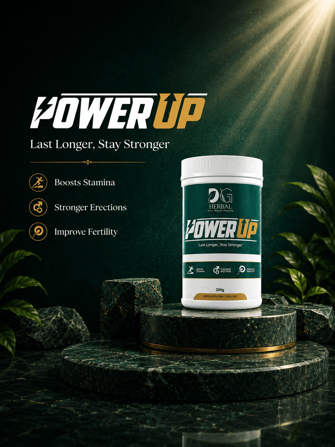 PowerUp herbal stamina supplement jar displayed on a dark green marble stage with luxury lighting and masculine wellness branding.