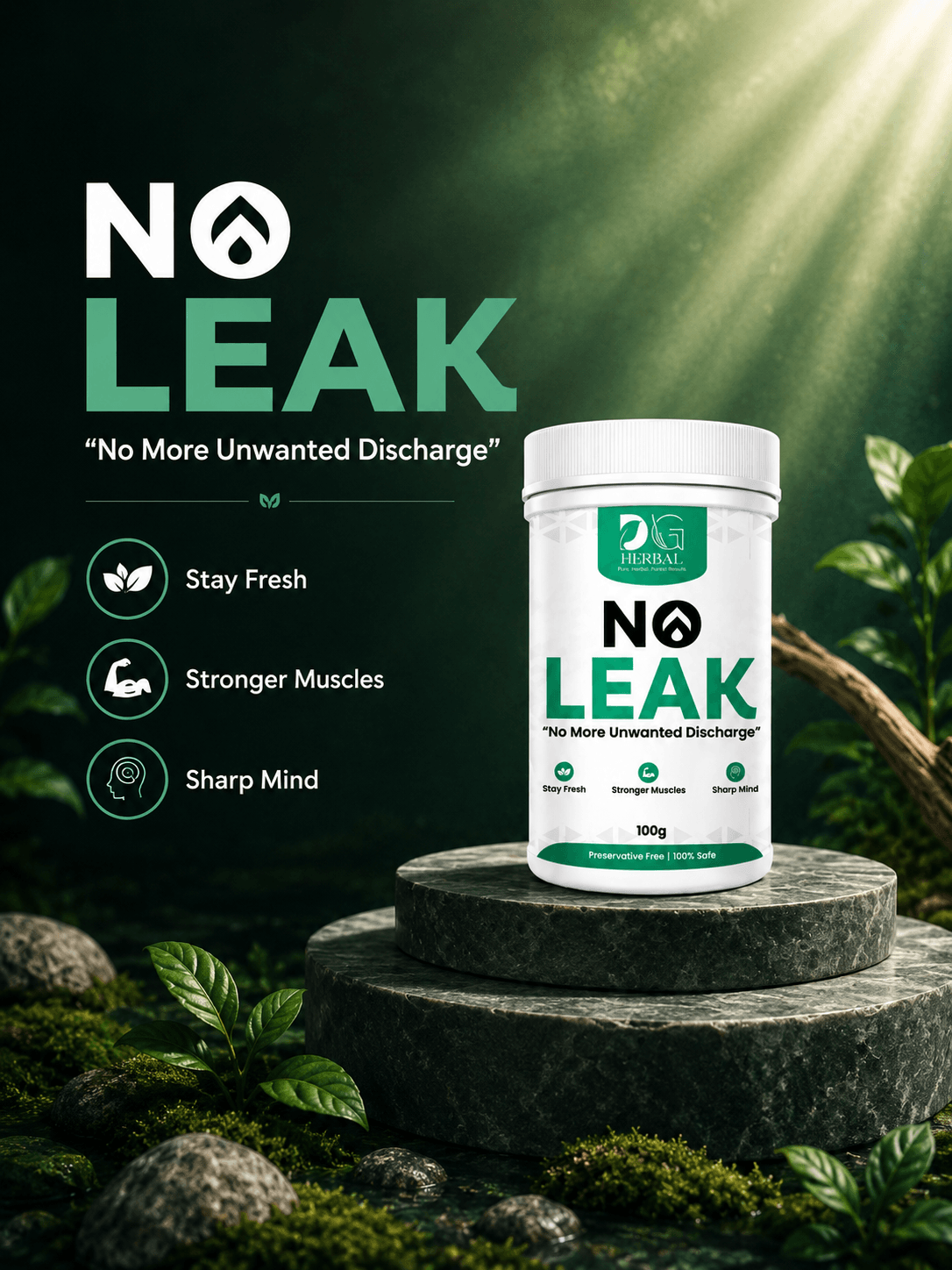 No Leak herbal wellness supplement jar placed on layered stone podiums surrounded by green foliage and natural lighting.