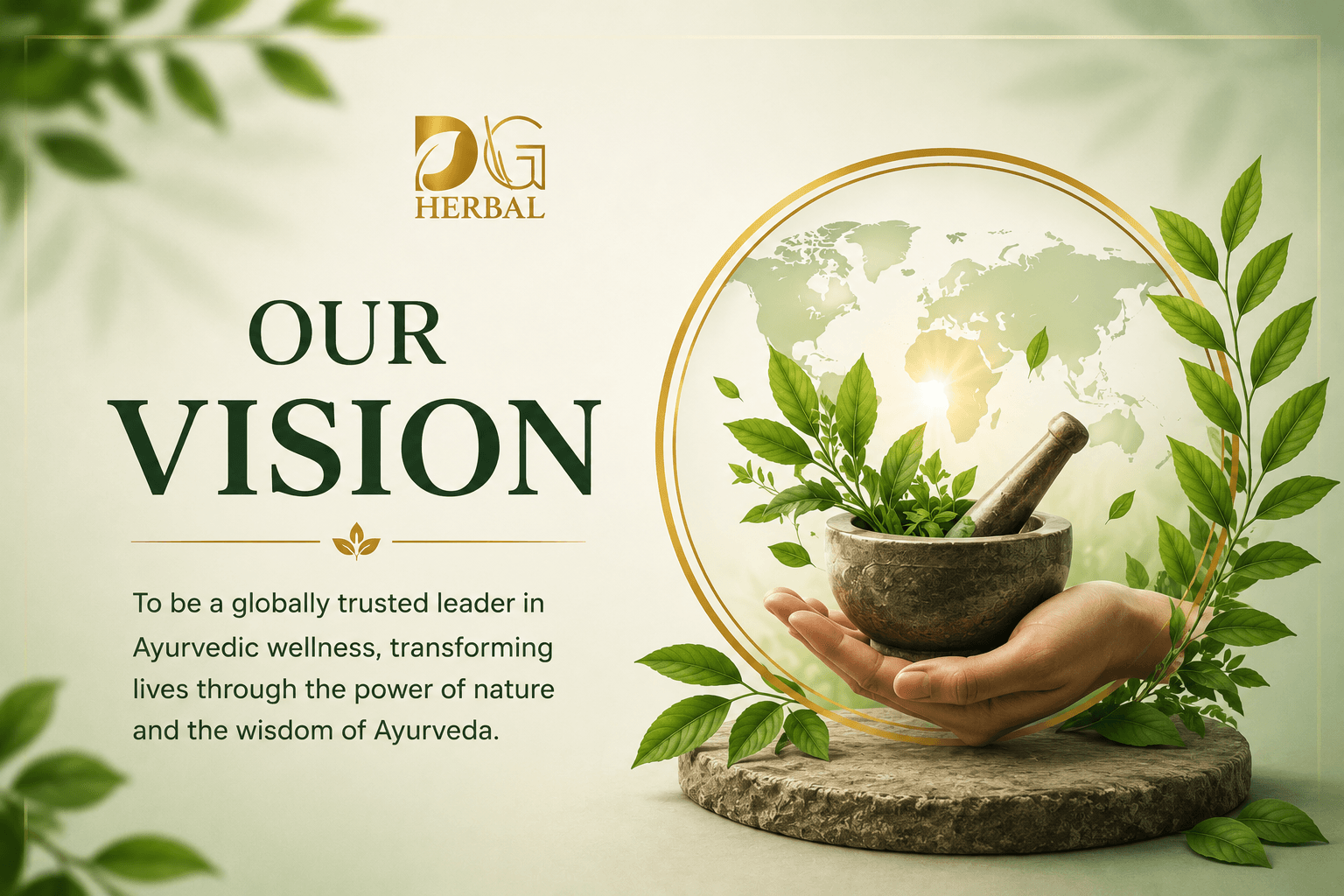DG Herbal “Our Vision” banner featuring Ayurvedic herbs in a mortar and pestle held in hands with a world map background symbolizing global wellness and natural healing.