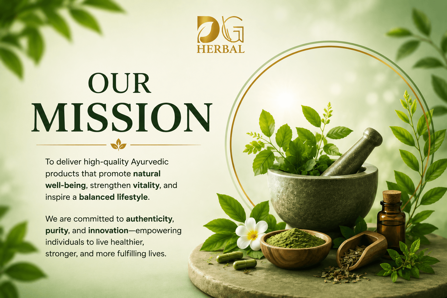 DG Herbal mission banner featuring Ayurvedic herbs, a mortar and pestle, herbal powder, and wellness ingredients with a message about natural well-being and vitality.
