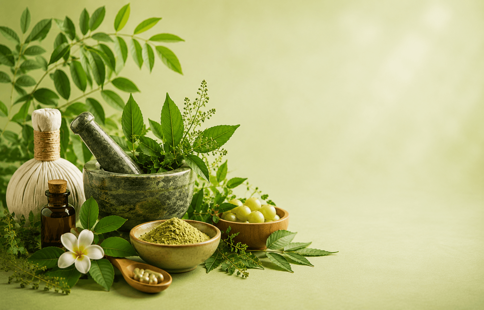 Ayurvedic wellness arrangement featuring fresh green herbs, herbal powder, amla fruits, capsules, and a mortar and pestle on a soft green background.