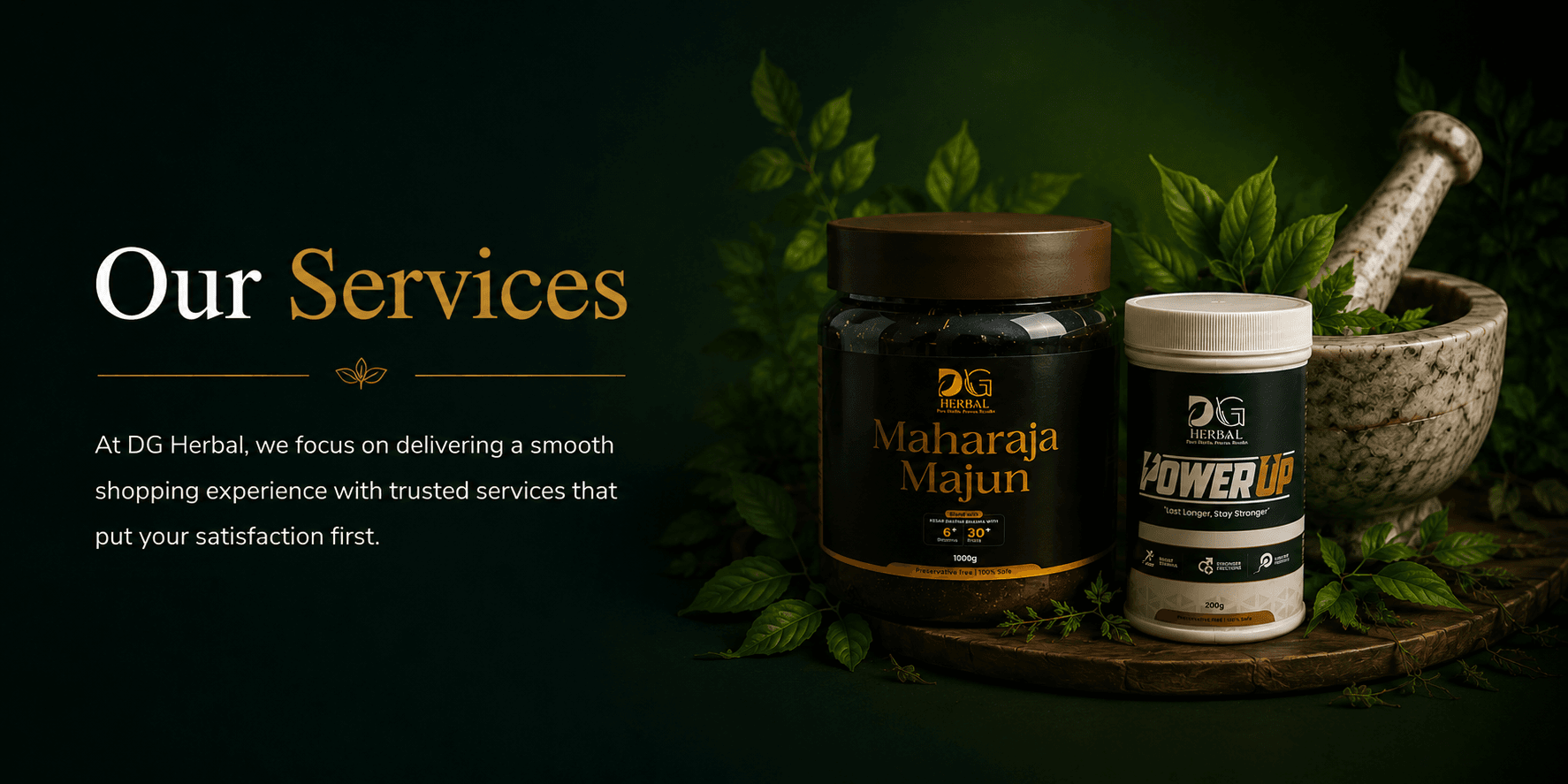 Premium Ayurvedic services banner featuring DG Herbal products with herbal leaves and mortar-pestle setup in a luxury green and gold theme.