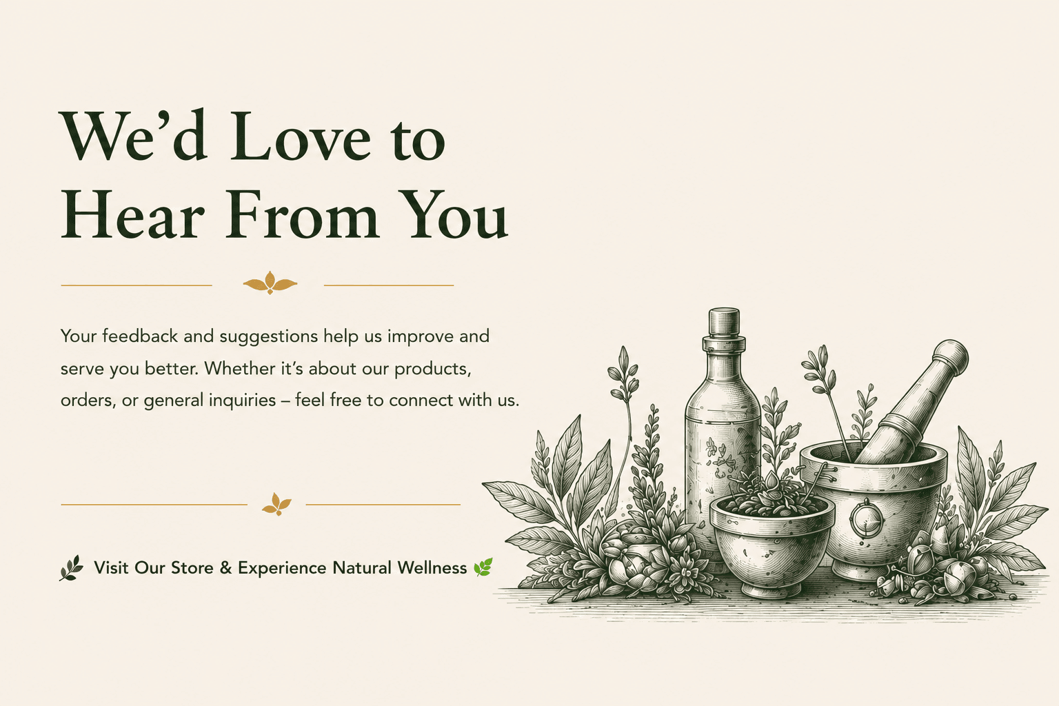 Customer feedback and contact banner featuring Ayurvedic illustrations, herbal wellness elements, and a message inviting customers to connect and share feedback.