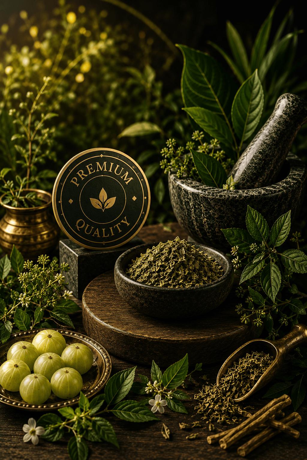 Premium Ayurvedic herbal ingredients with amla fruits, medicinal herbs, and a traditional mortar and pestle representing natural quality and wellness.