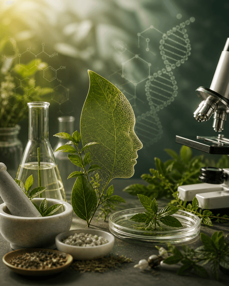 Ayurvedic herbs and scientific laboratory setup featuring a microscope, DNA structure, and botanical elements symbolizing herbal research and natural wellness.