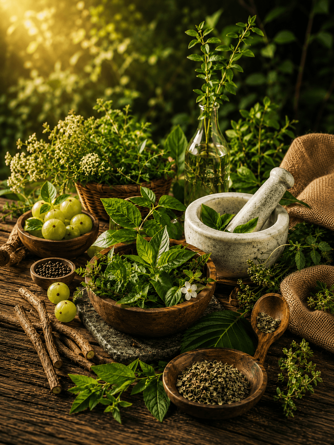 Traditional Ayurvedic herbs, medicinal plants, and natural ingredients arranged with a mortar and pestle in a rustic wellness setting.