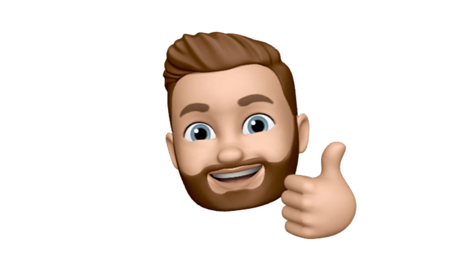 Smiling 3D cartoon male avatar with beard giving thumbs up gesture on transparent background.