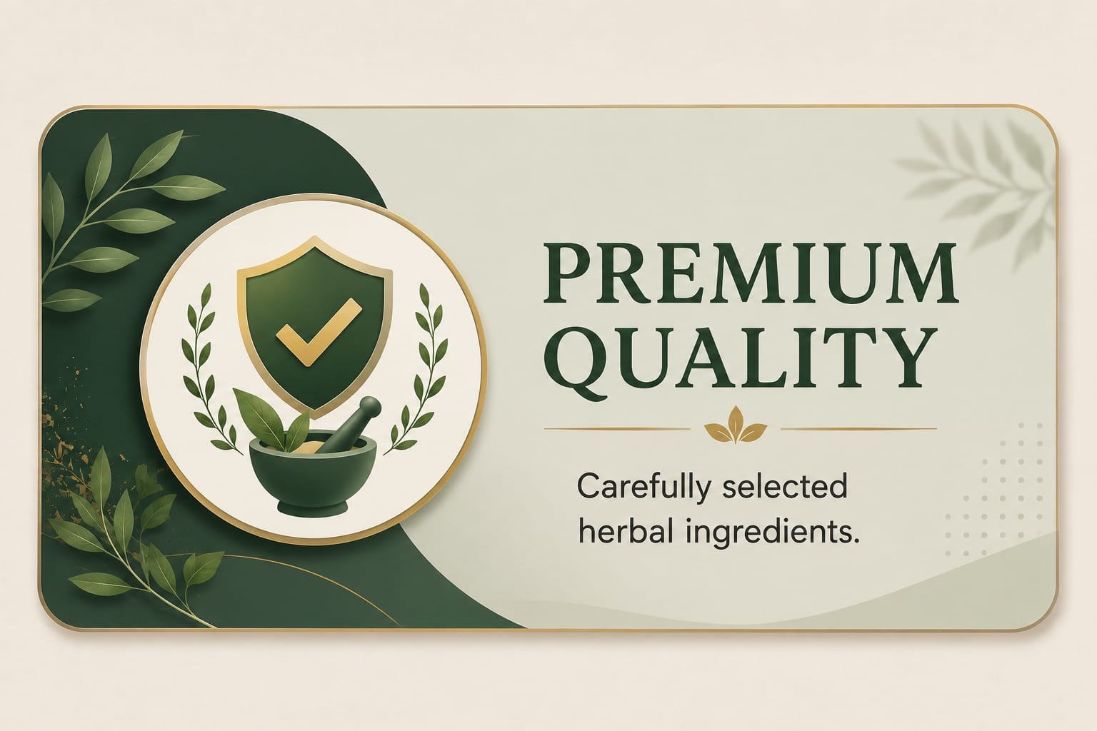 Premium herbal wellness banner featuring a quality shield icon with a check mark, botanical leaves, and the text “Premium Quality” on an elegant green and cream background.