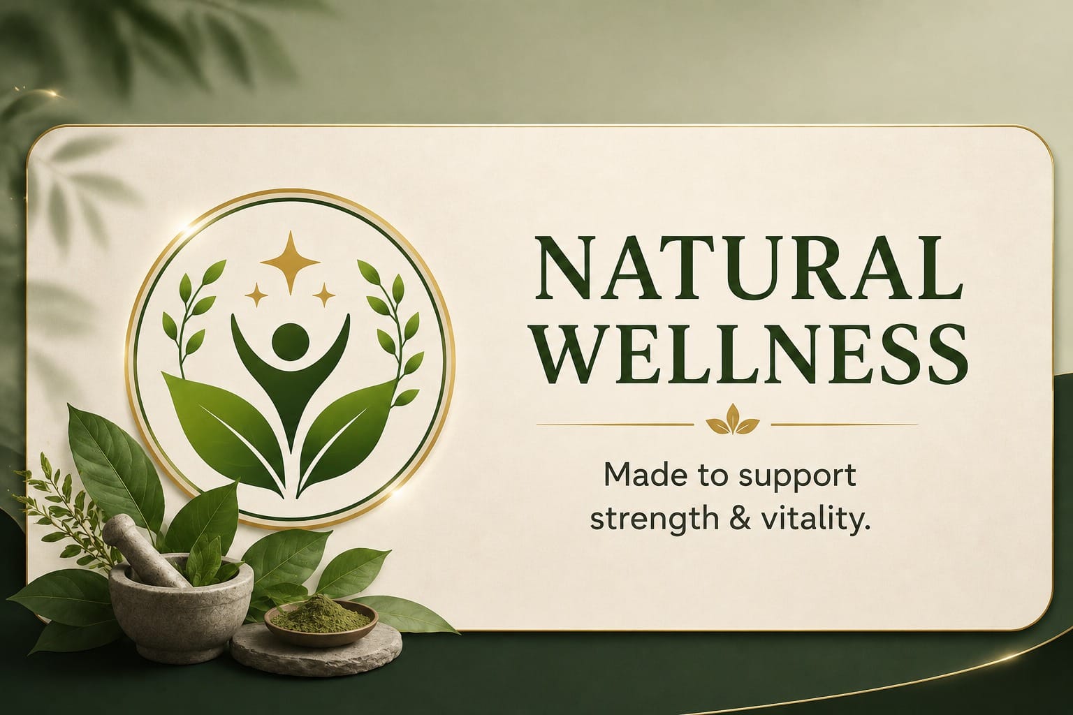 Elegant natural wellness banner featuring a wellness icon with leaves, Ayurvedic herbs, mortar and pestle, and the text “Natural Wellness” on a premium green and cream background.