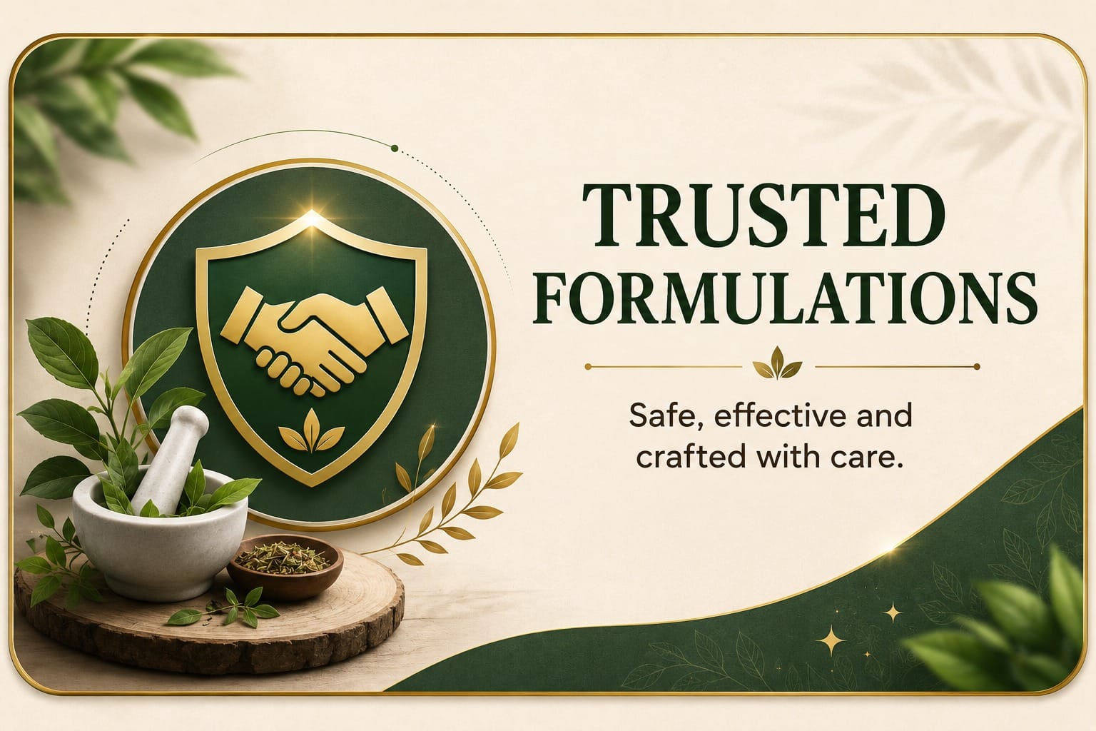 Elegant Ayurvedic wellness banner featuring a shield with a handshake symbol, herbal ingredients, and the text “Trusted Formulations” on a green and cream premium background.
