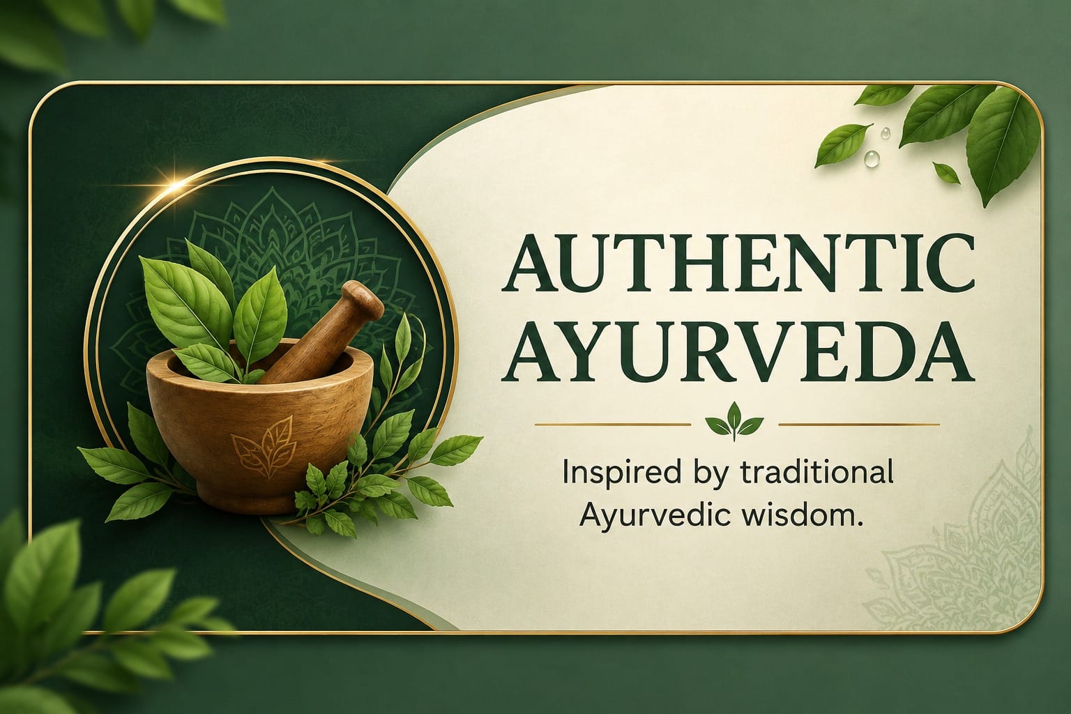 Premium Ayurvedic banner featuring a wooden mortar and pestle with green herbal leaves alongside the text “Authentic Ayurveda” on an elegant green and cream background.